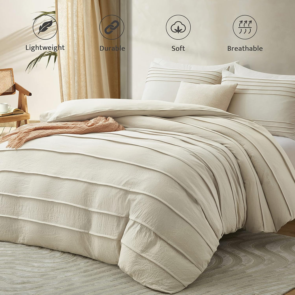 Beige Duvet Cover - Pleated Duvet Cover, 3PCS Soft and Breathable Textured Bedding Set with Zipper