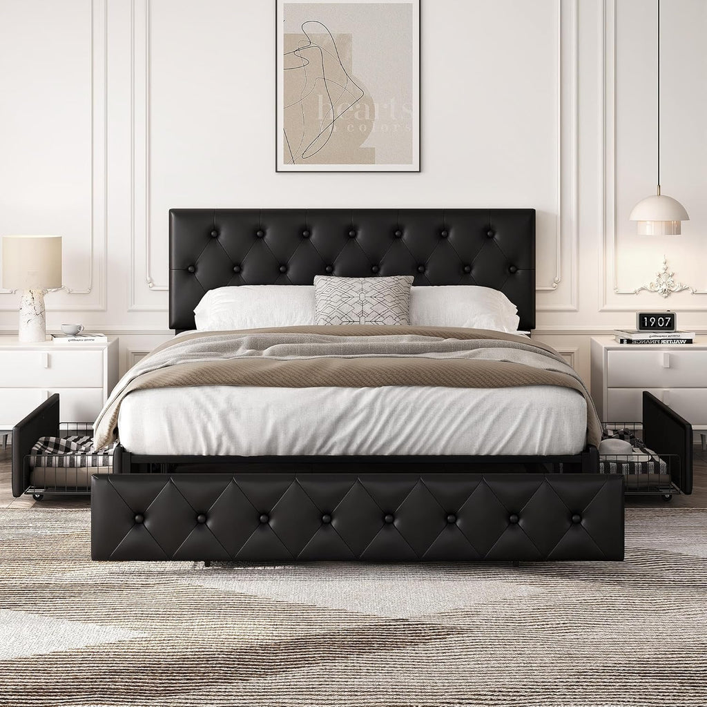 Queen Bed Frame Upholstered Bed Frame with Adjustable Diamond Button-Tufted Headboard/3 Drawers Storage