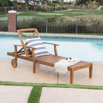 Outdoor Chaise Lounge Pool Sun Lounger Daybed Sofa with Wheels, Teak | 5-Position Adjustable Backrest, Sturdy Solid