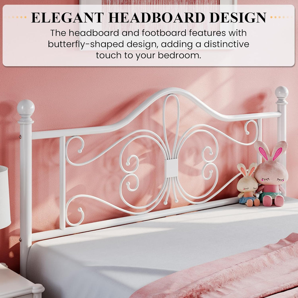 Full Bed Frame with Headboard,Metal Bed Frame with Butterfly Pattern Design Headboard & Footboard,No Box Spring