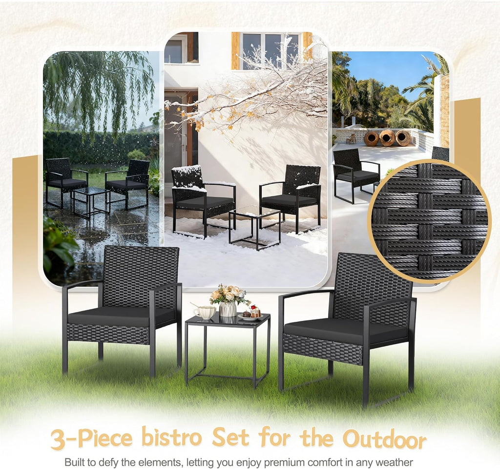 3 Piece Wicker Conversation Bistro Sets Outdoor Patio Set Modern Rattan Chair Furniture Sets with Coffee Table