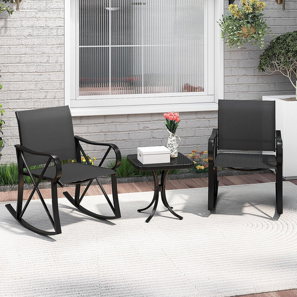 3 Piece Patio Rocking Set, 2 Rocking Chairs with Tempered Glass Side Table, Small Patio Furniture Set with Smooth