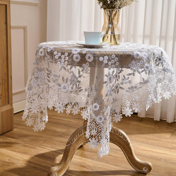 Floral Lace Tablecloth Grey with White Silver Embroidered Flowers 33”x33” Square Small Table Cover (