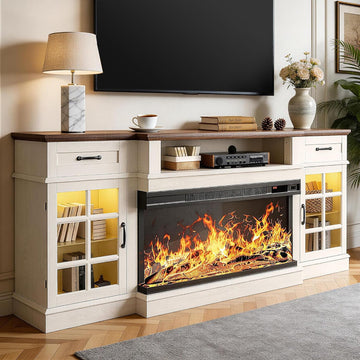 70" Fireplace TV Stand, 3-Sided Glass Fireplace and Modern Entertainment Center, Wooden Media Console with Glass