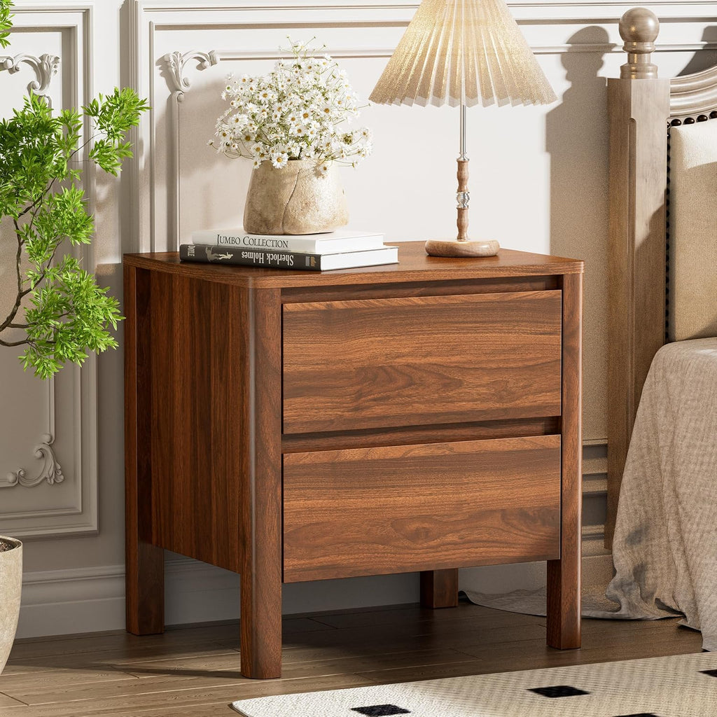 Mid Century Walnut Nightstand with 2 Drawers, Modern Wooden Bedside Table with Hidden Handles and Solid Wood Legs