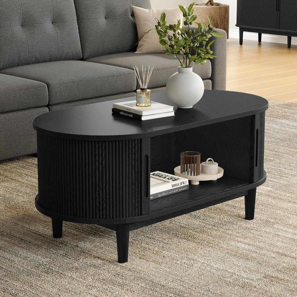 Round Coffee Table, 31.5" Drum Coffee Table with Sliding Tambour Door, Fluted Accent Center Table with Storage