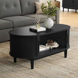 Round Coffee Table, 31.5" Drum Coffee Table with Sliding Tambour Door, Fluted Accent Center Table with Storage