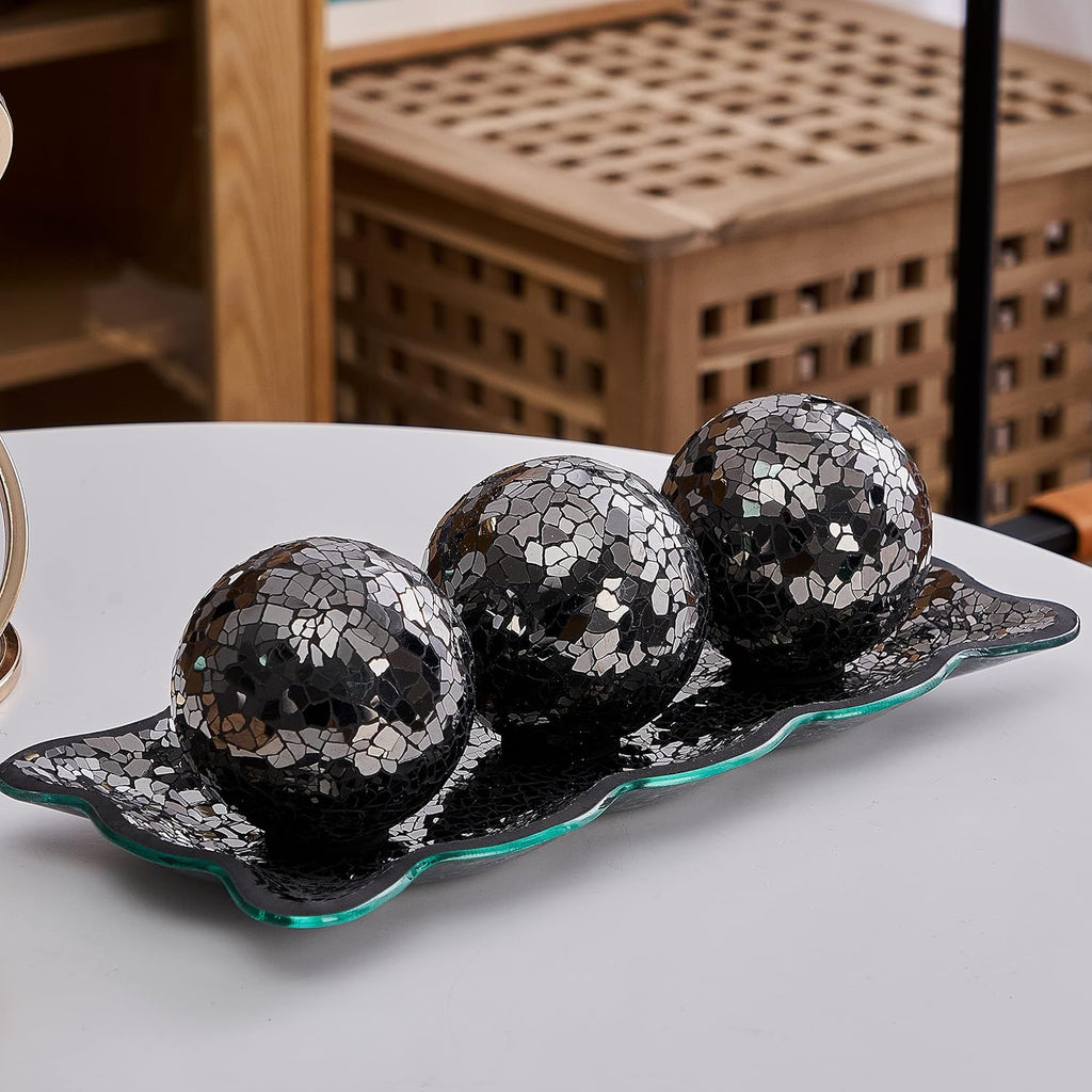 12.4" Mosaic Glass Decorative Tray Dish Plate with 3pcs 3" Decorative Orbs Balls Sphere Decor or Dining Table Coffee