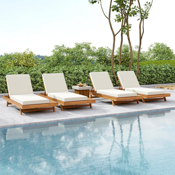 Acacia Wood Chaise Lounge Chair Outdoor Set of 4, Adjustable Backrest Sun Lounger Recliner, Patio Outdoor