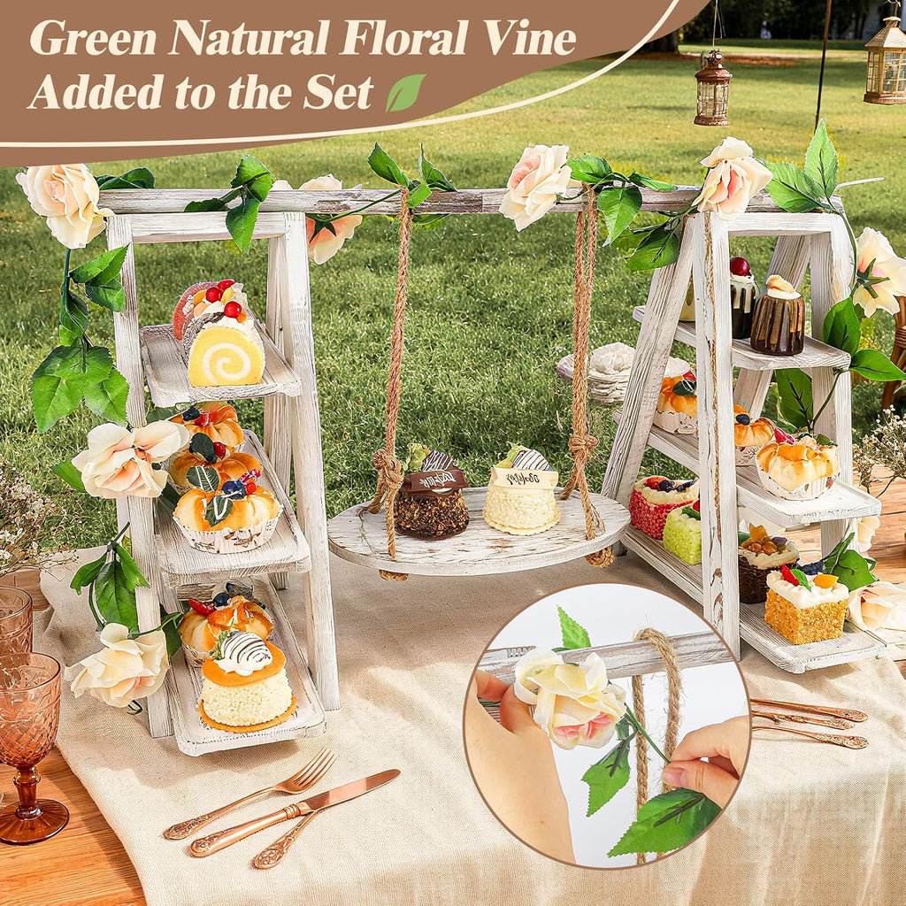 Wooden 3 Tier Cupcake Stand with Swing and Flower Decoration Serving Removable Tray Display Serving Ladder Foldable
