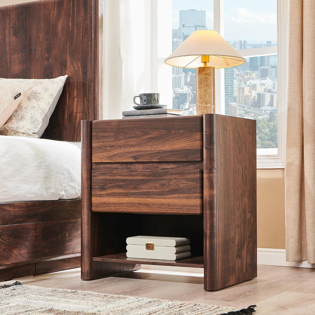 25" Tall Modern Nightstand Set of 2, 23.6" W Night Stand with Charging Station & 2 Storage Drawers & Open Shelf, Wood