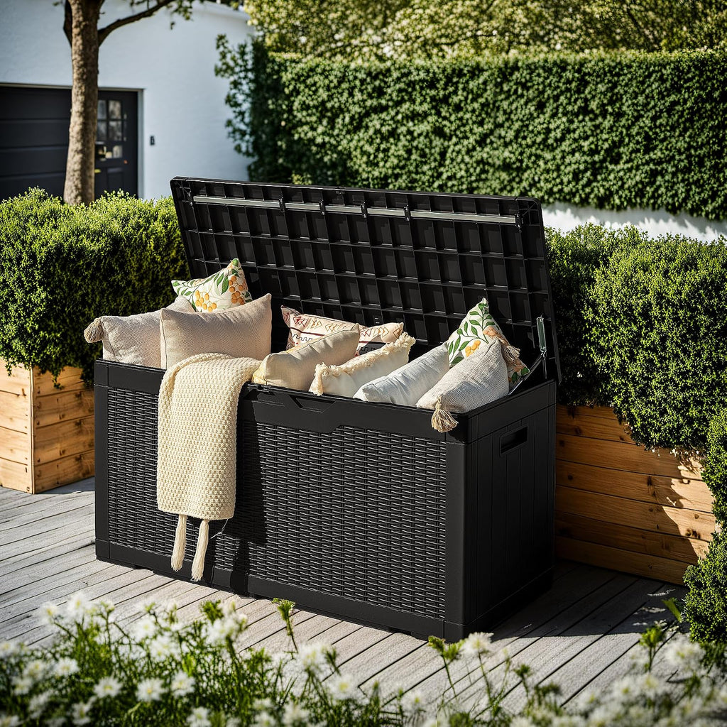 97 Gallon Deck Box, Waterproof Resin Outdoor Storage Box for Outside and Patio, Large Outdoor Storage Bench Cabinet