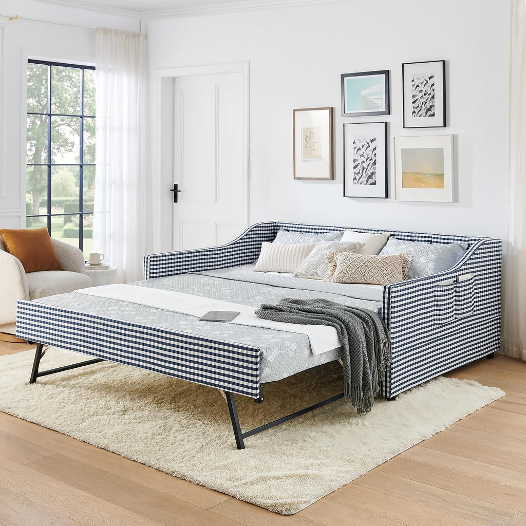 Gingham Daybed with Pull-Out Trundle and Side Pocket /Guest Room, Full Size Upholstered 3-in-1 Versatile Sofabed