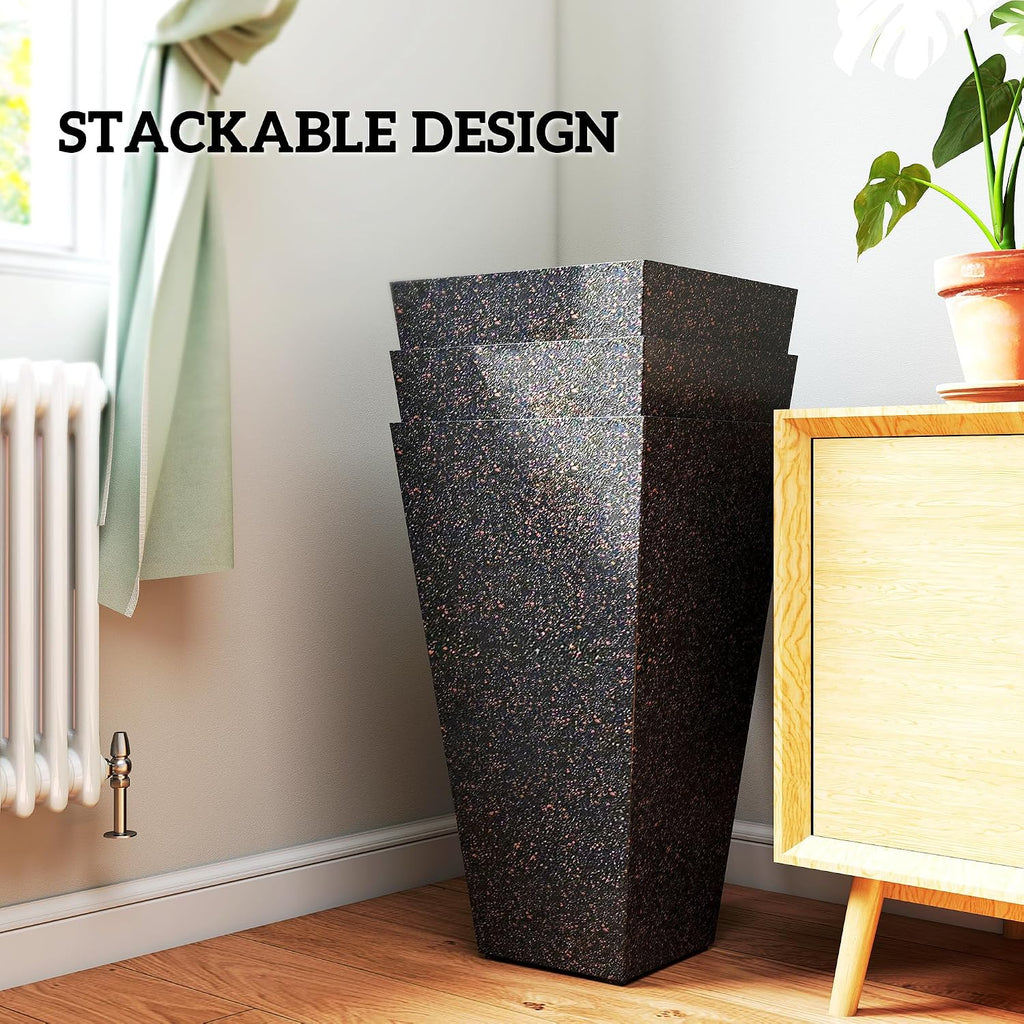 28 Inch Tall Planters for Outdoor Plants Set of 3, Brown | Marble Finish, Drainage Holes, Stackable Tapered Design