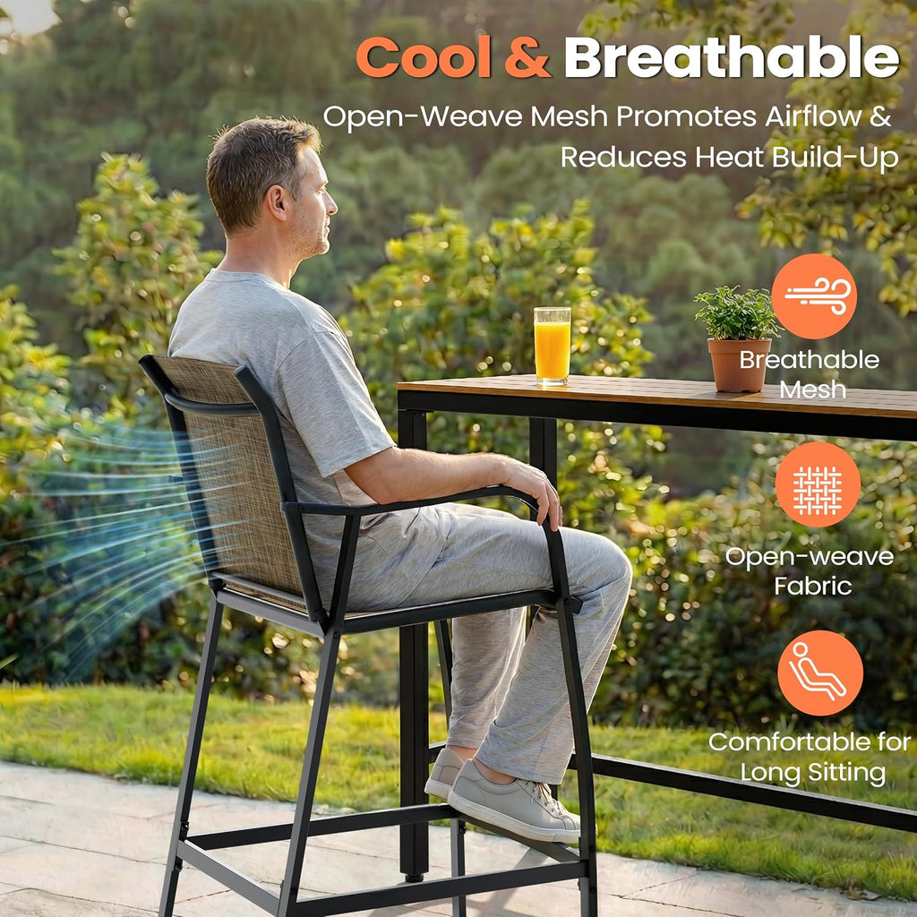 28.7" Outdoor Bar Stools Set of 2, Metal Patio Barstools with Back & Armrest, All-Weather Textilene Bar Height