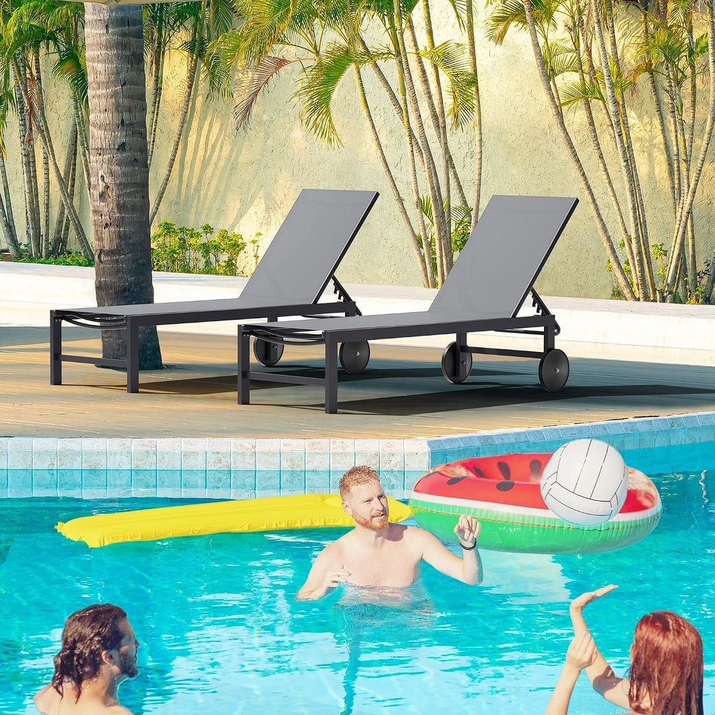 2 PCS Outdoor Chaise Lounges Chair with Wheels Aluminum Reclining Patio Lounge Chairs with 5 Adjustable Position