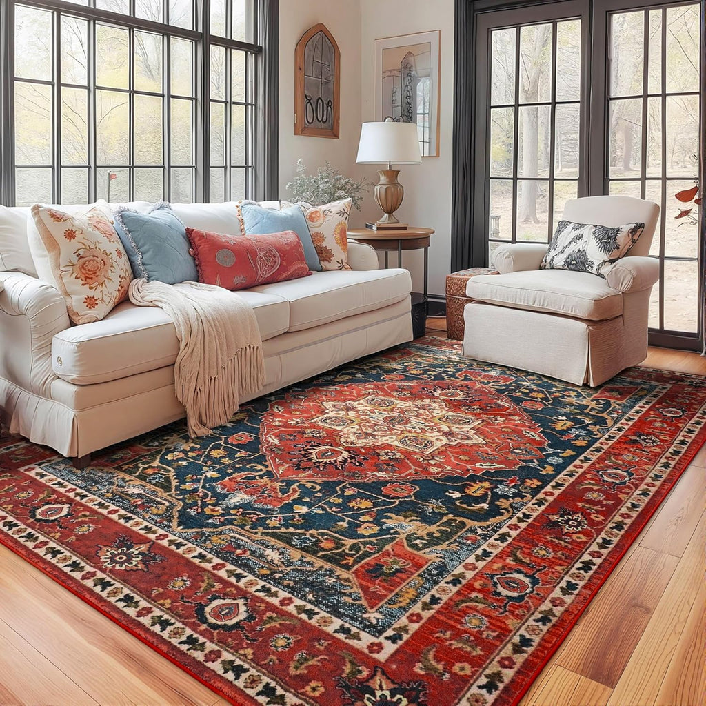 Area Rugs 9x12 Machine Washable Rugs, Non Slip Floral Vintage Rug Indoor Carpet, Stain Resistant Large Rug Dining