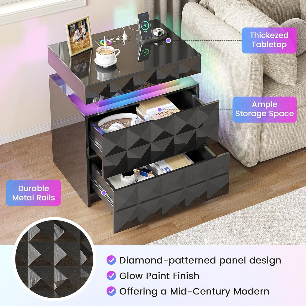 LED Night Stand with Charging Station, Lockable Hidden Drawer | Gun Safe compartment, 3 Drawers, Smart RGB Human