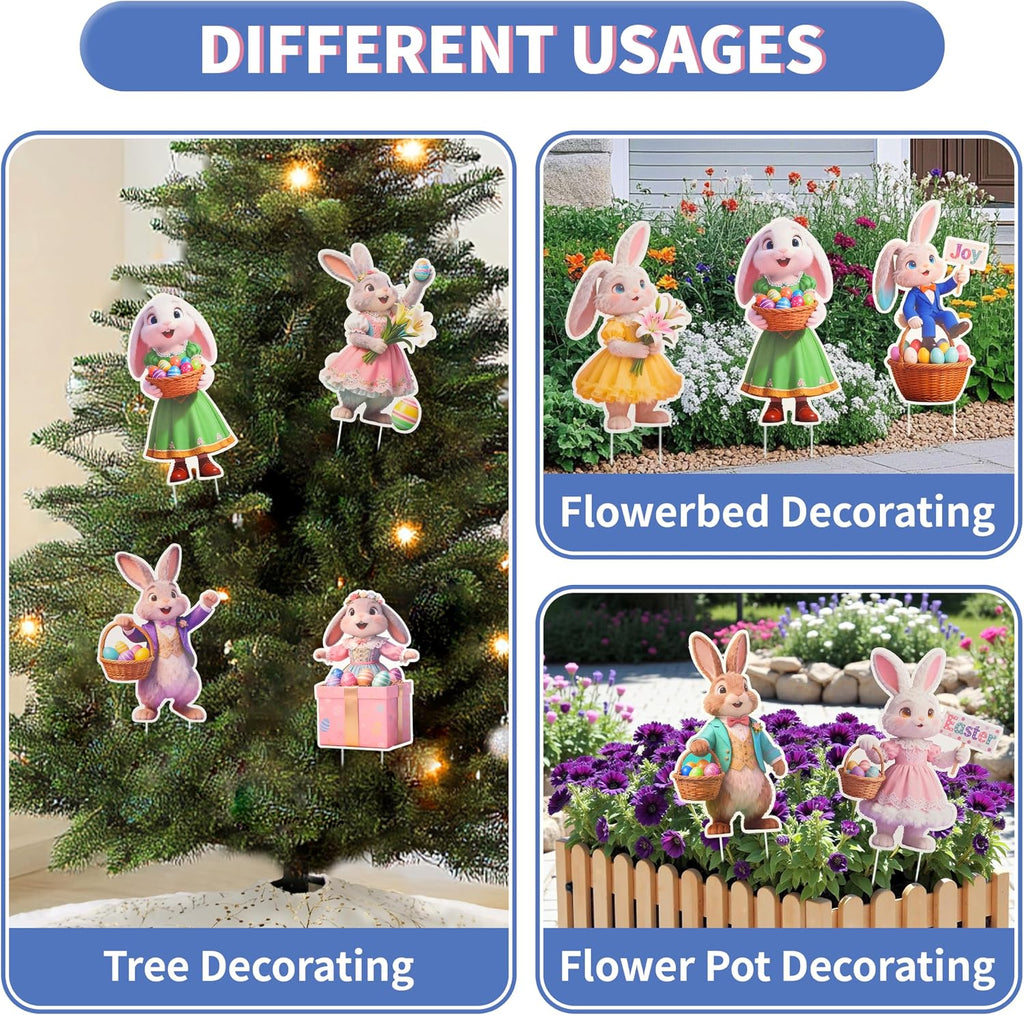 9-Piece Easter Bunny Yard Signs with Stakes, Cute Rabbit Outdoor Lawn Decorations for Easter Egg Hunts, Spring Garden - Set of 9
