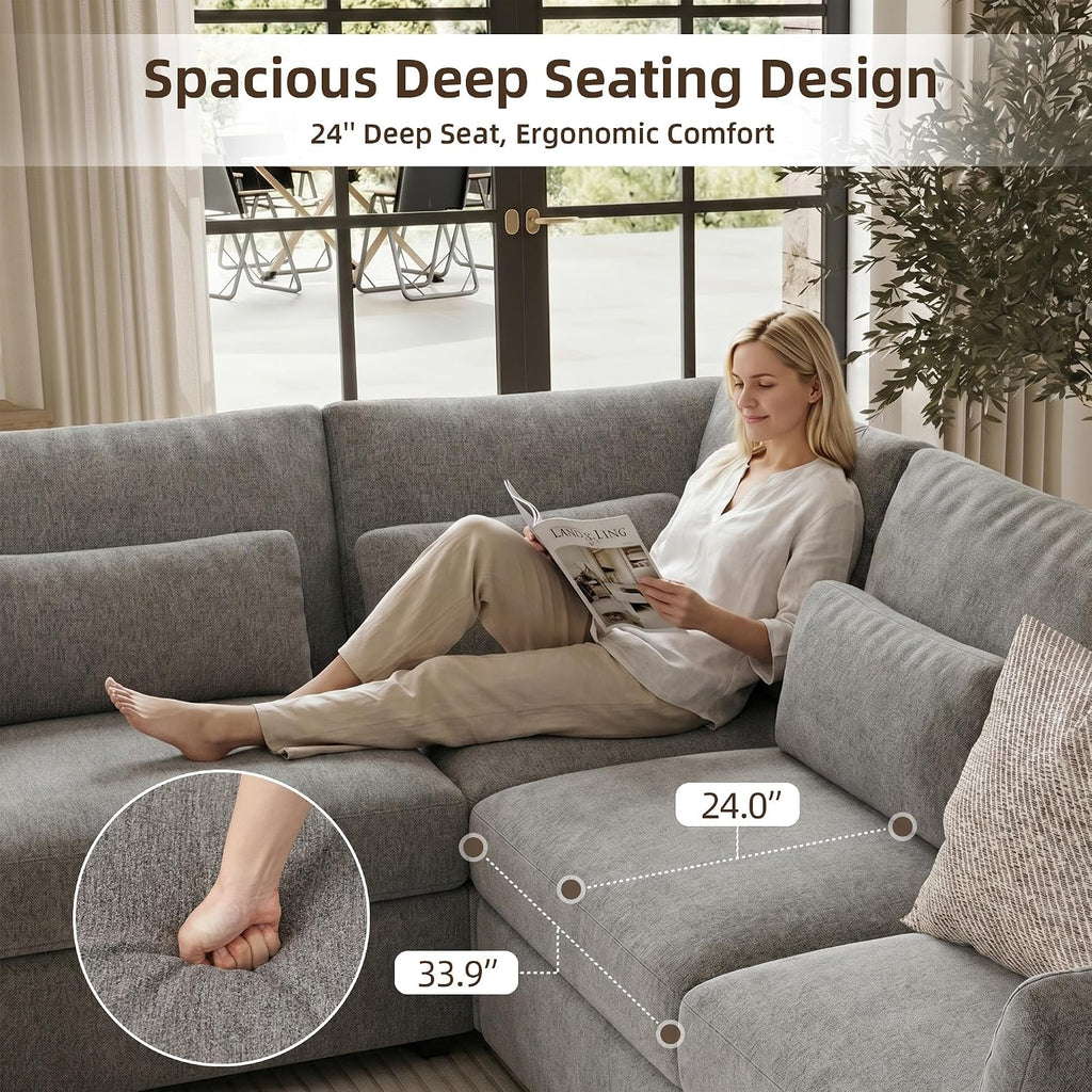 109.1'' Modular Sectional Sofa, L Shaped Oversized Extra Deep Couches , 5-Seat Chenille Couch with Wooden Legs, 2 Arm
