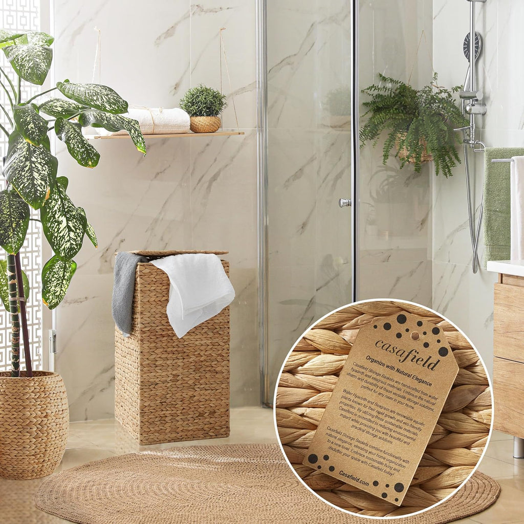Laundry Hamper with Lid and Removable Liner Bag - Natural, Woven Water Hyacinth Square Laundry Basket Sorter for