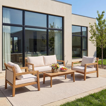 Pablo 4-Seater Patio Furniture Set with Removable Cushion, 4 Piece Outdoor Acacia Wood Conversation Set, Wooden