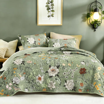 Floral Green Quilt King - 3Pcs Botanical Birds Bedding Set - Set of 3