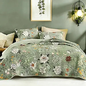 Floral Green Quilt King - 3Pcs Botanical Birds Bedding Set - Set of 3