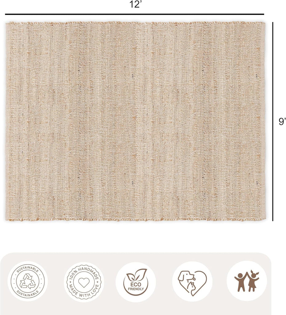 · · Jute Cotton Area Rug - 9'x12' Rectangular Rug, Sustainable Handwoven, Non-Shedding, Soft & Durable