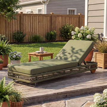 Woven Rope Chaise Lounge Chair Outdoor with Steel Frame, Patio Outdoor Chaise Lounge with Wheels and Cushions