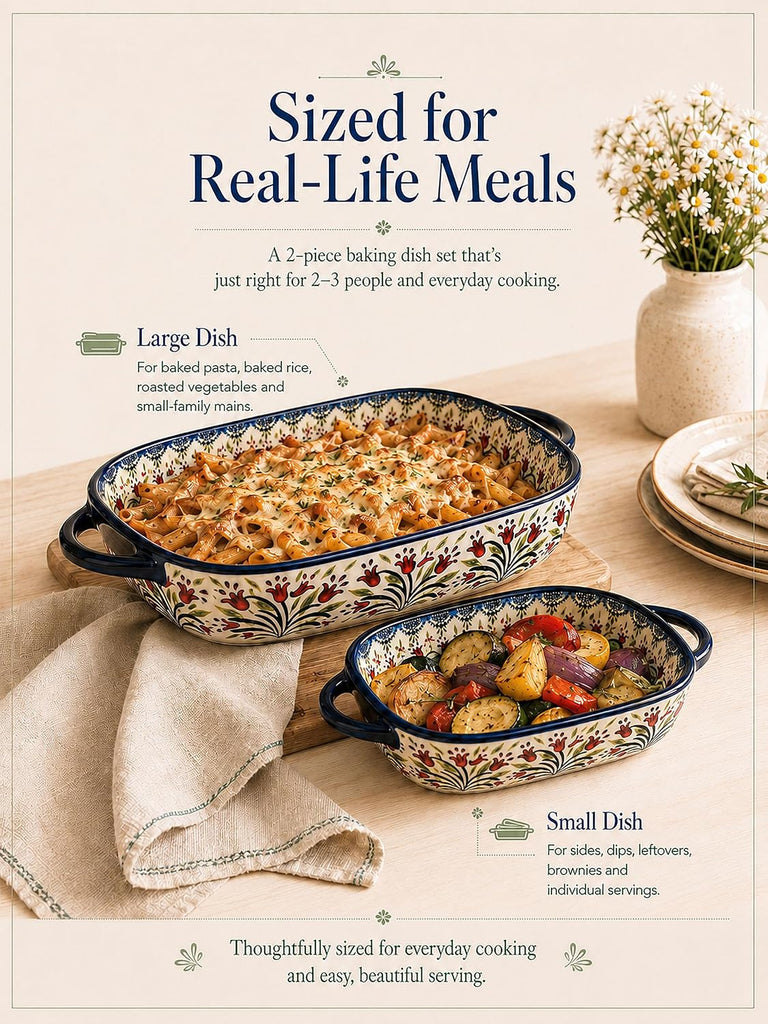 2-Piece Polish Pottery Style Ceramic Dish Set | Large baker for casseroles, baked pasta & roasting; small baker for