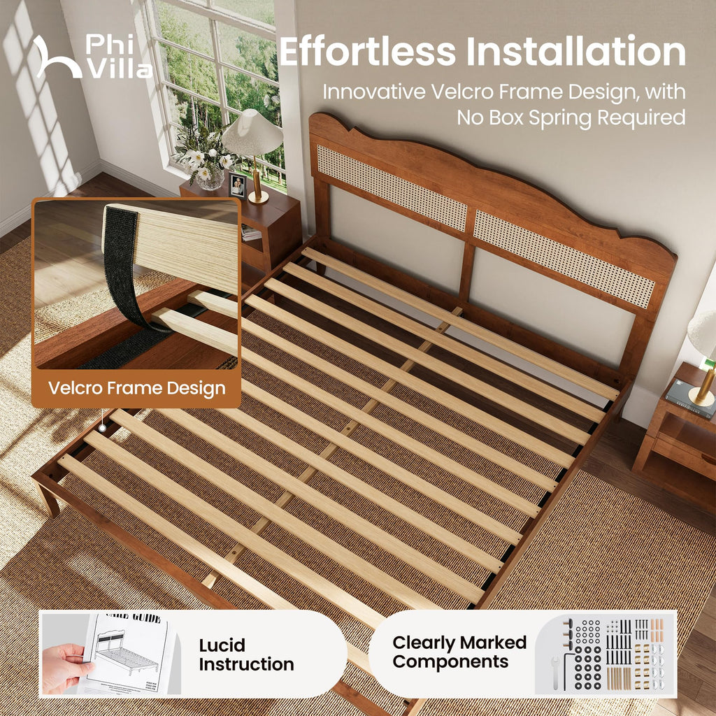 Solid Wood King Size Bed Frame with Adjustable Headboard