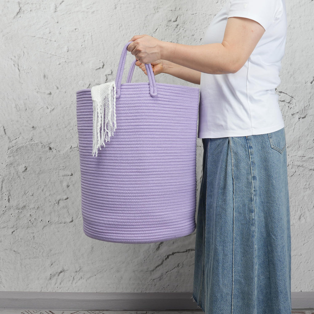 Woven Cotton Rope Laundry Basket, 15" x 20" Laundry Hamper, Purple