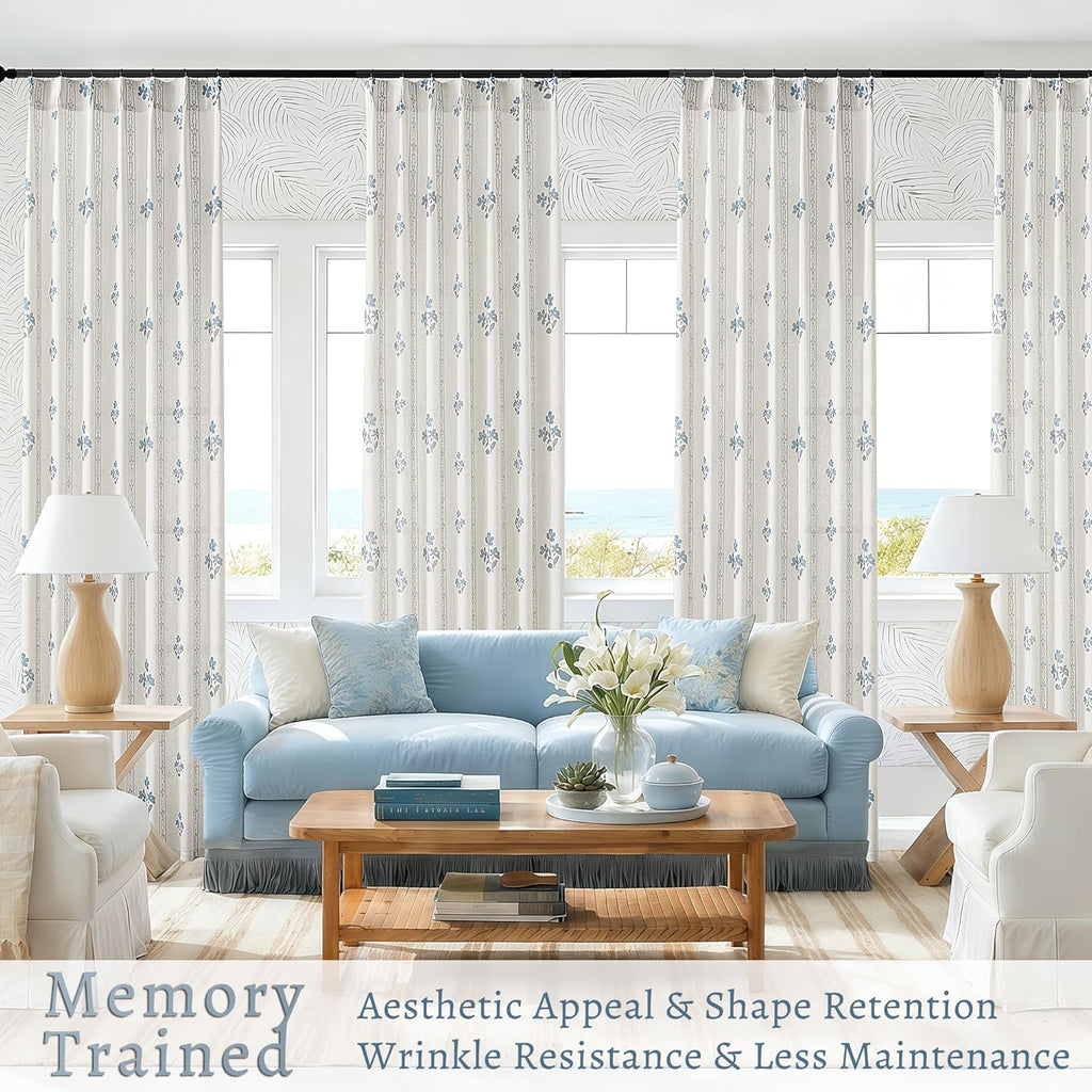 Blue Grey Pinch Pleated Floral Curtains for Living Dining Room Pinch Pleat Light Filtering Linen Semi