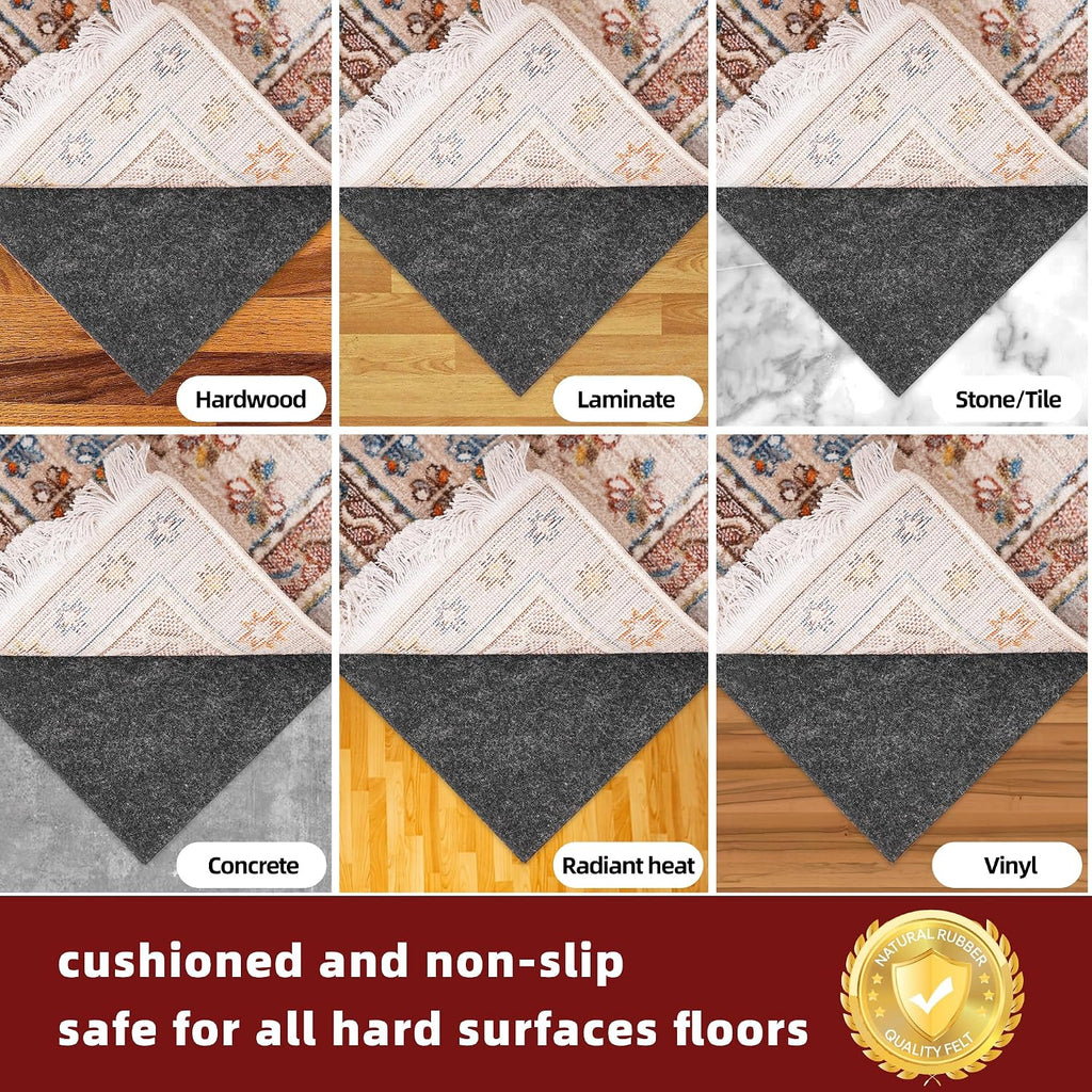 BAGAIL Felt and Natural Rubber Backing Rug Pads 1/4" Thick, 9 x 12 Ft Non Slip Carpet Gripper Keep Rugs in Place - Set of 108