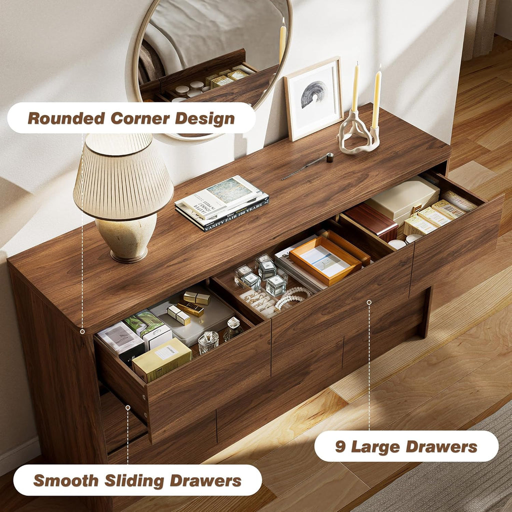 9 Drawer Walnut Dresser , 55" Wide Modern Chest of Drawers with 9 Large Storage Space with Curved Edge Design, Large