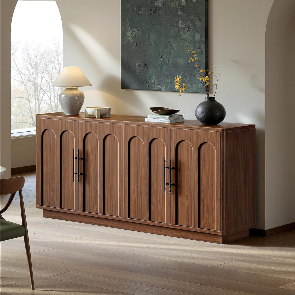 67" Arched Walnut Buffet Cabinet with Storage, Large Credenza with 4 Doors