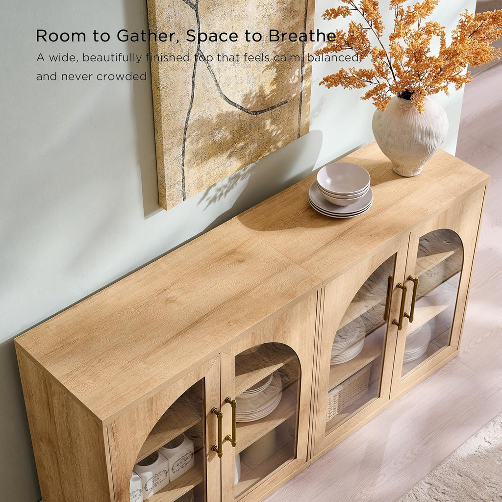 Glass Arched Door Sideboard Buffet Cabinet Set of 2, Accent Cabinet with Adjustable Shelf