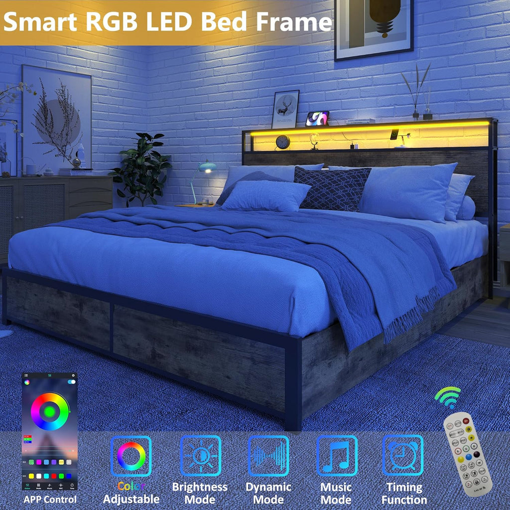 Queen Bed Frame with 2-Tier Storage Headboard, Metal Platform Bed Frame with 4 Storage Drawers