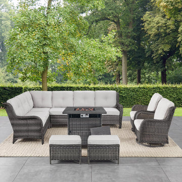 Patio Furniture Set with Fire Pit Table, 8 Piece Wicker Outdoor Furniture Set, Swivel Rocker Chairs with Ottomans and