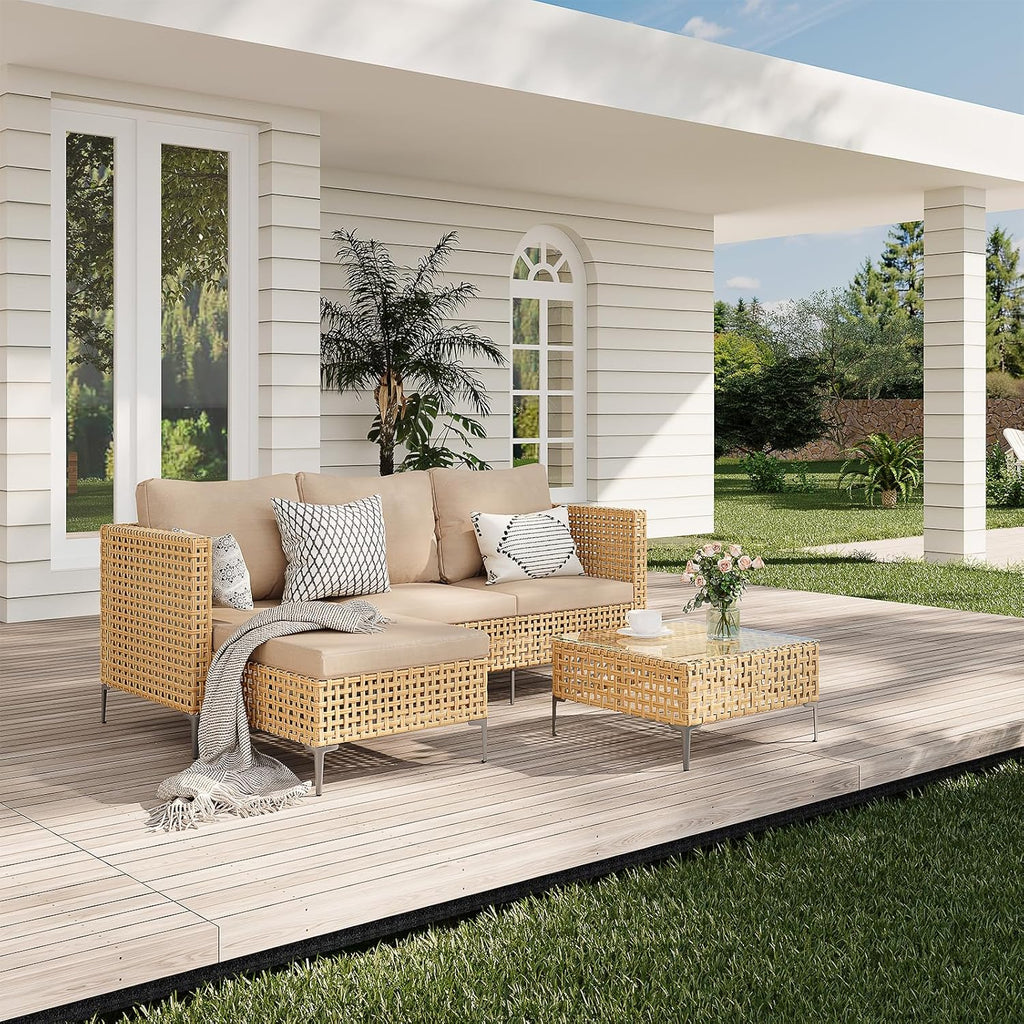 Small L-Shaped Patio Furniture Set - Weather Resistant Wicker Sectional Chaise Sofa with Thick Cushions & Tempered