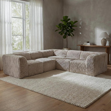 Havyn Modern Faux Fur 5-Seater L-Shaped Modular Foam Sectional Sofa, Compressed Couch in a Box, No Assembly Required