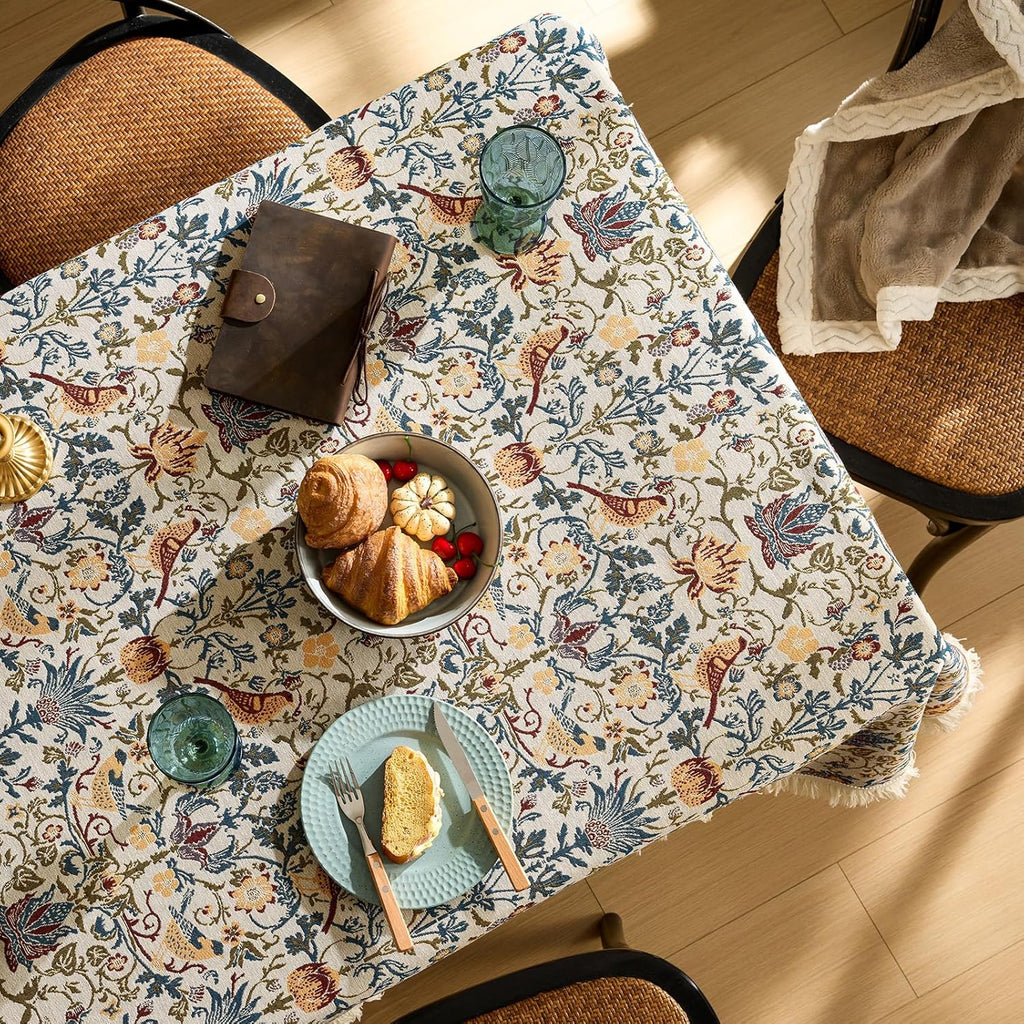 Farmhouse Floral Tablecloths Rectangular Vintage Flower Print Table Cloth with Tassel Rustic French 