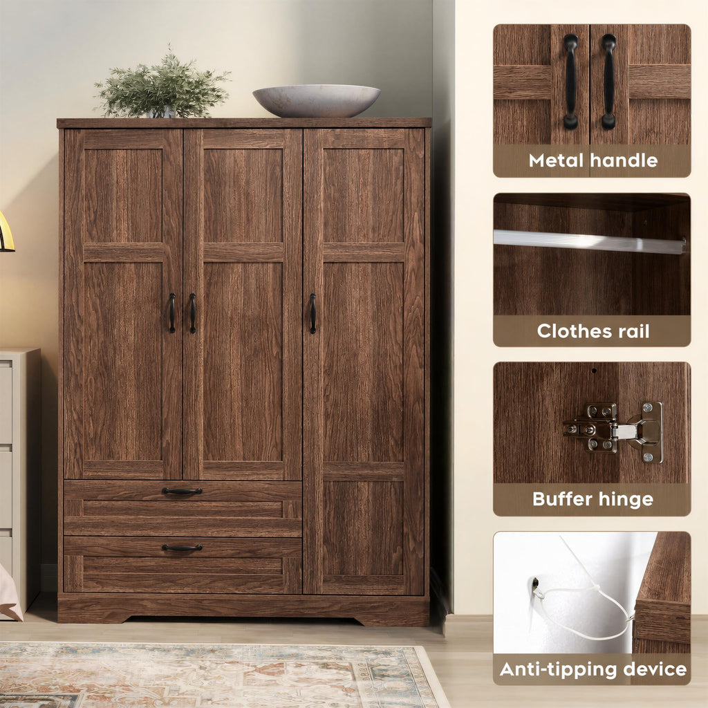 Armoire Wardrobe Closet with 3 Door, Walnut