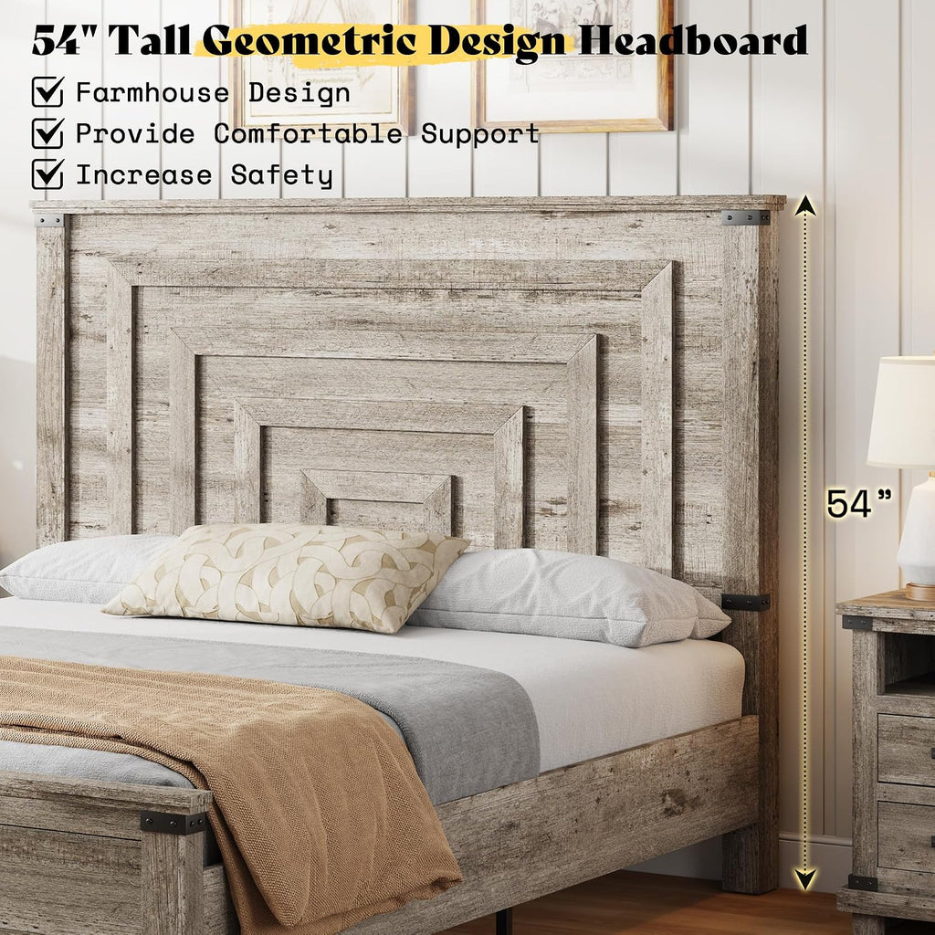 Farmhouse Queen Bed Frame with 54" Tall Geometric Headboard & Footboard, Rustic Wood Platform Bed Frame with Large