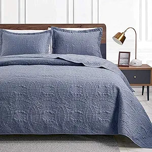 King Quilt Set Blue Bedspreads - Soft Bed Summer Lightweight Bedspread Comforter - Modern Style Coin Pattern Coverlet - Set of 3