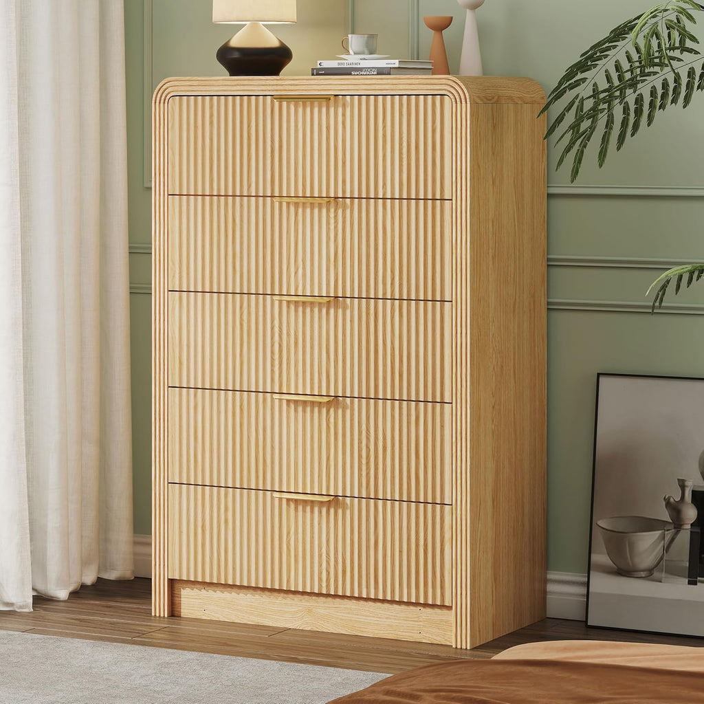 Fluted 5 Drawers Dresser, 48" Tall Modern Chest of Drawers with Round Edge & Metal Handle, Wood Drawer Organizer