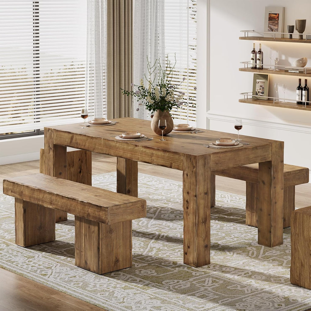Solid Wood Dining Table for 6, 63-Inch Farmhouse Kitchen Table with Heavy Duty Legs, Rectangular Wood Dinner Table