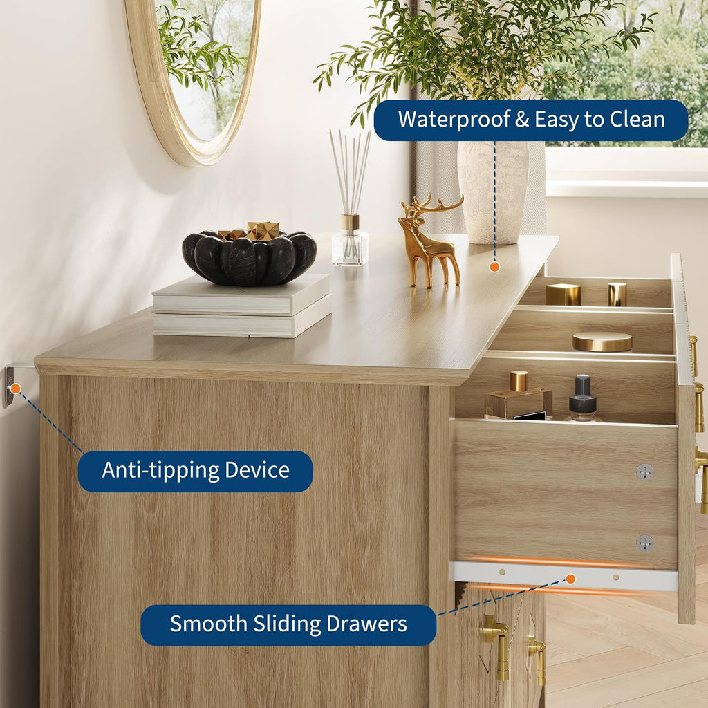 Fluted Dresser , 54 Inch Wide 7-Drawer Wood Dresser, Modern Chest of Drawers, Storage Organizer Cabinet , Natural