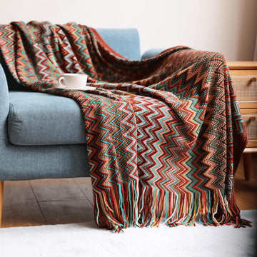 Throw Blanket Bohemian Knitted with Tassel 50x60 Inch (Red)